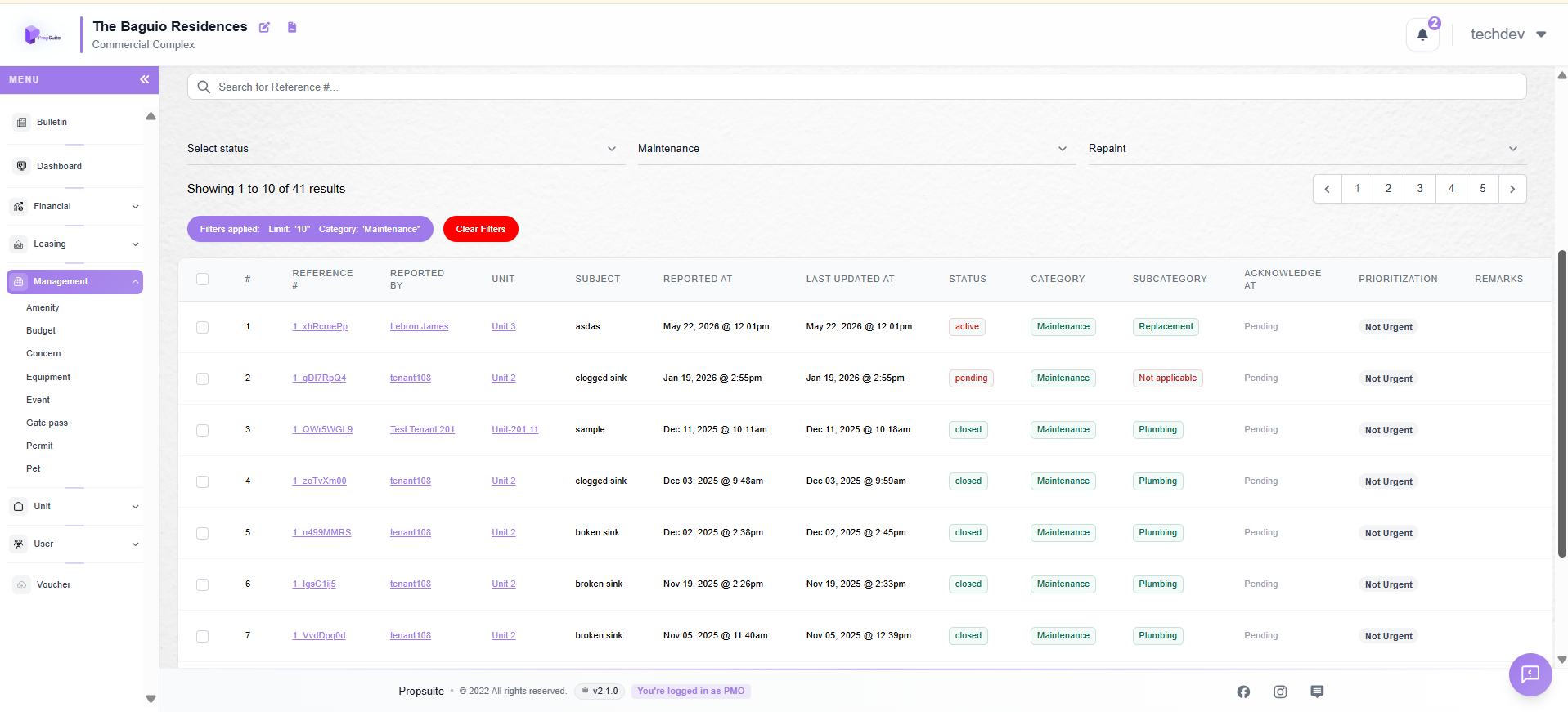 Maintenance Management Screenshot